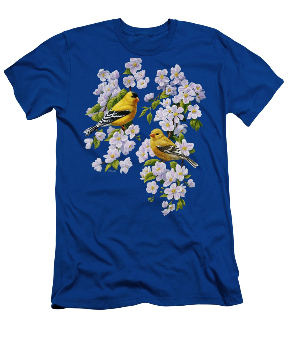 Bird T-Shirt featuring the painting American Goldfinches and Apple Blossoms by Crista Forest