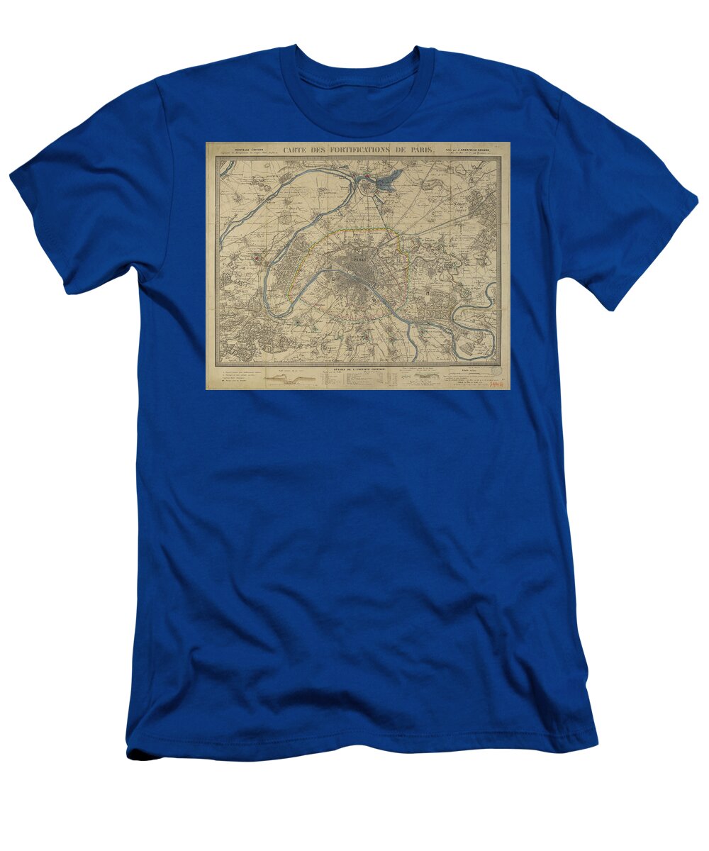 Antique Paris Map T-Shirt featuring the drawing Antique Maps - Old Cartographic maps - Antique Map of Paris by Studio Grafiikka
