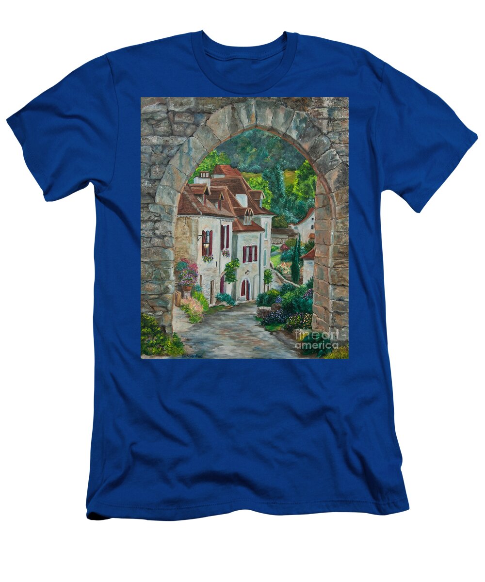 St. Cirq In Lapopie France T-Shirt featuring the painting Arch Of Saint-Cirq-Lapopie by Charlotte Blanchard
