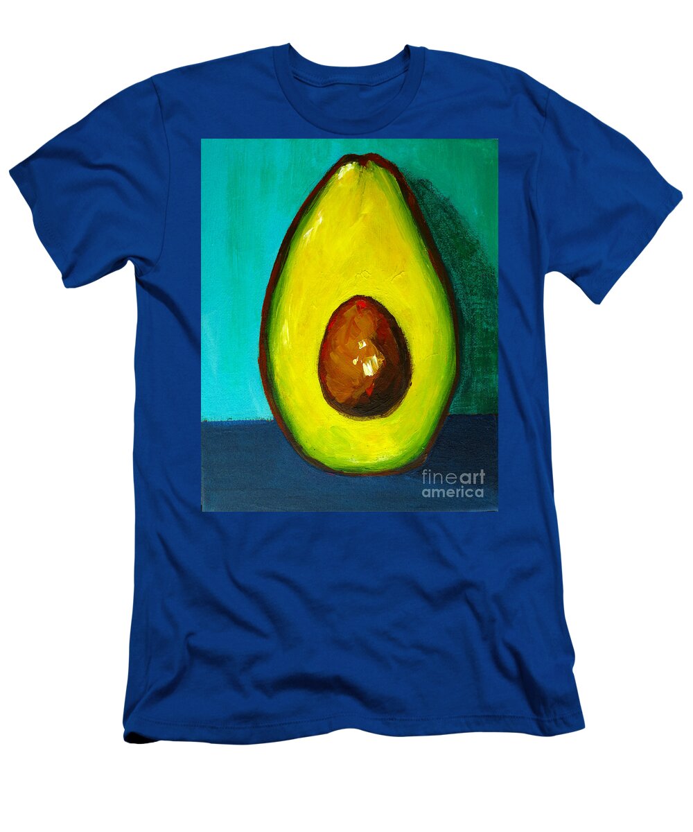 Modern Avocado Art T-Shirt featuring the painting Avocado Modern Art, Kitchen Decor, Aqua background by Patricia Awapara
