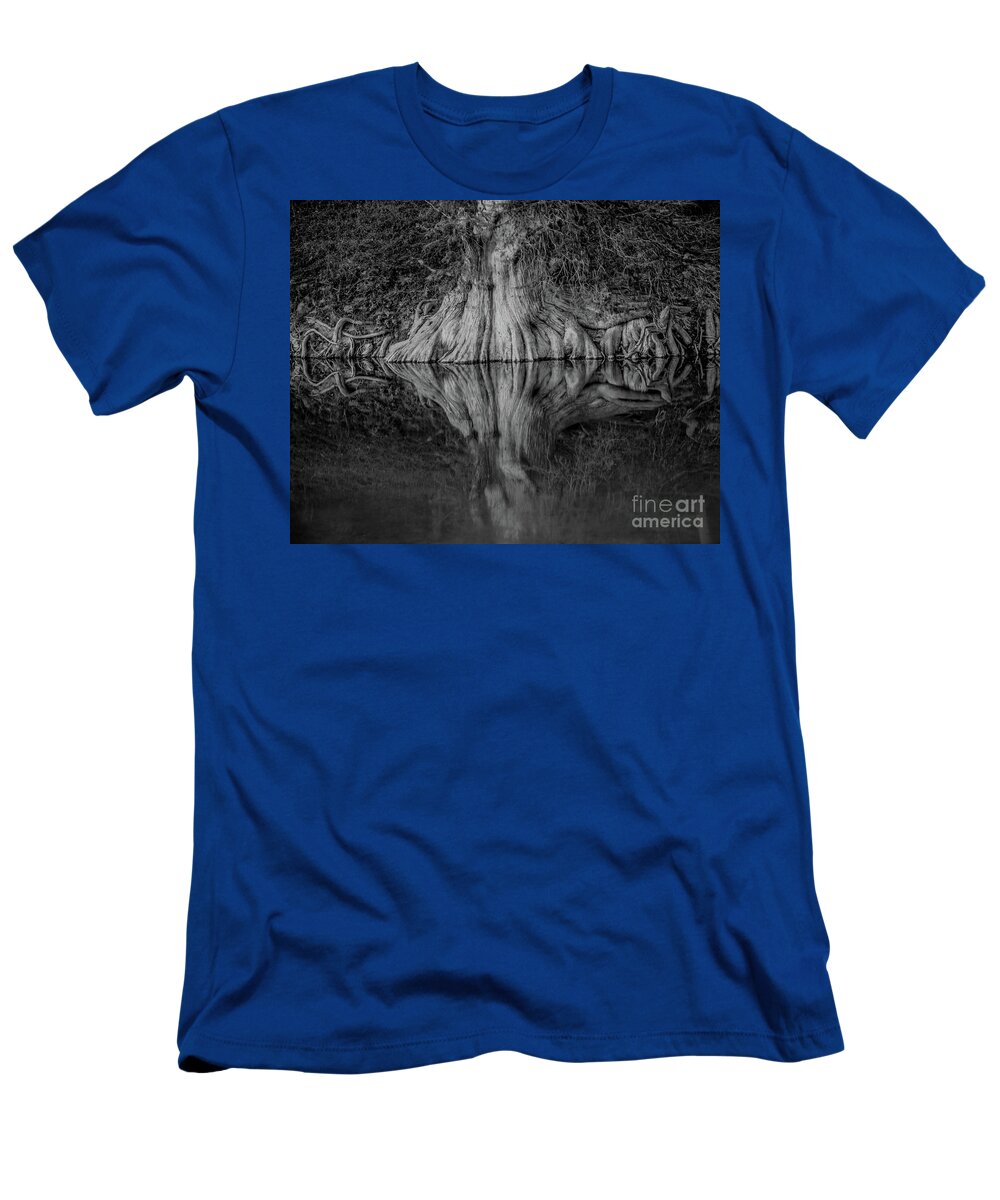 Bald Cypress Reflection In Black And White Michael Tidwell Guadalupe River Mike Tidwell T-Shirt featuring the photograph Bald Cypress Reflection in Black and White by Michael Tidwell