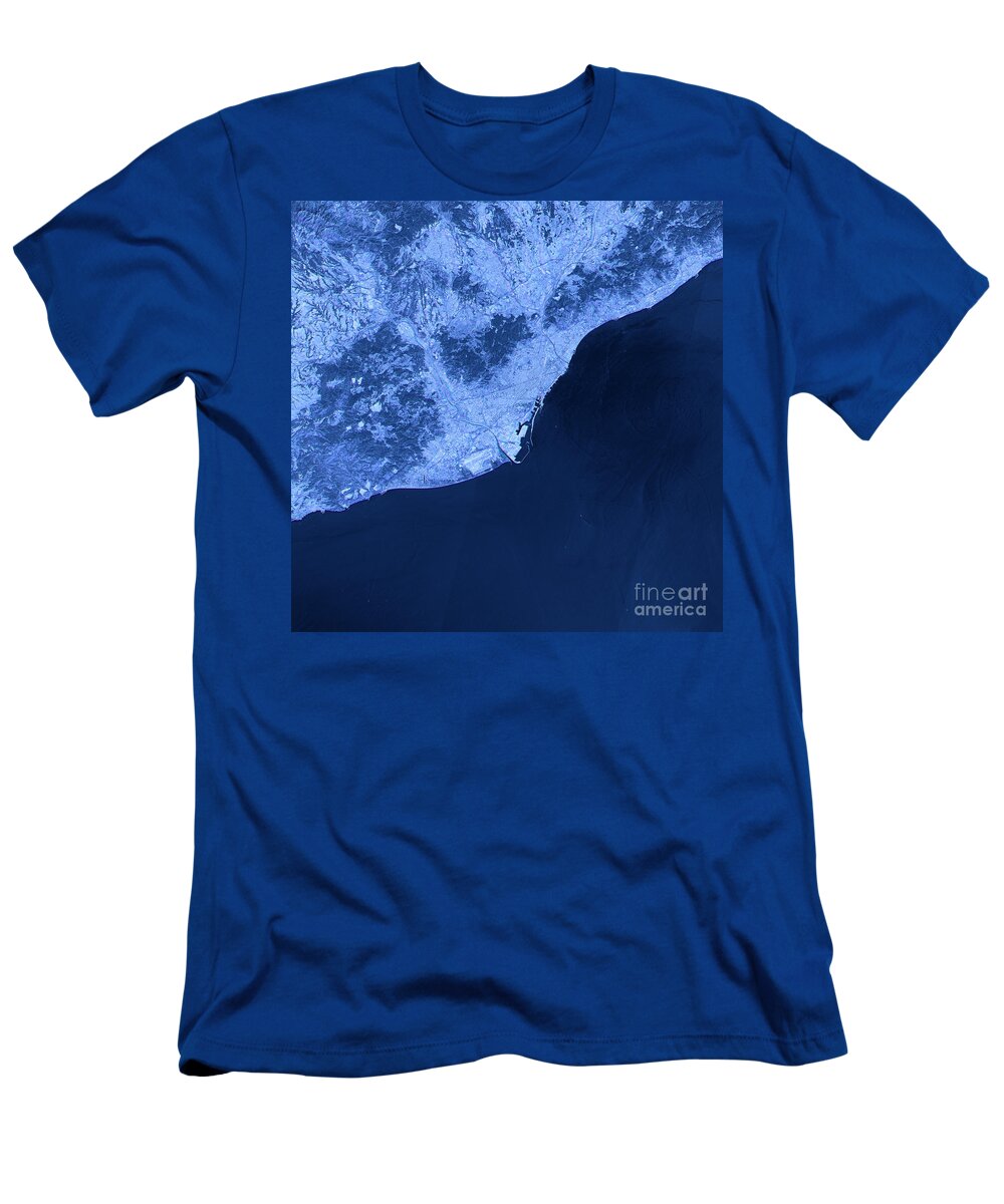 Barcelona T-Shirt featuring the digital art Barcelona Abstract City Map Satellite Image Blue by Frank Ramspott