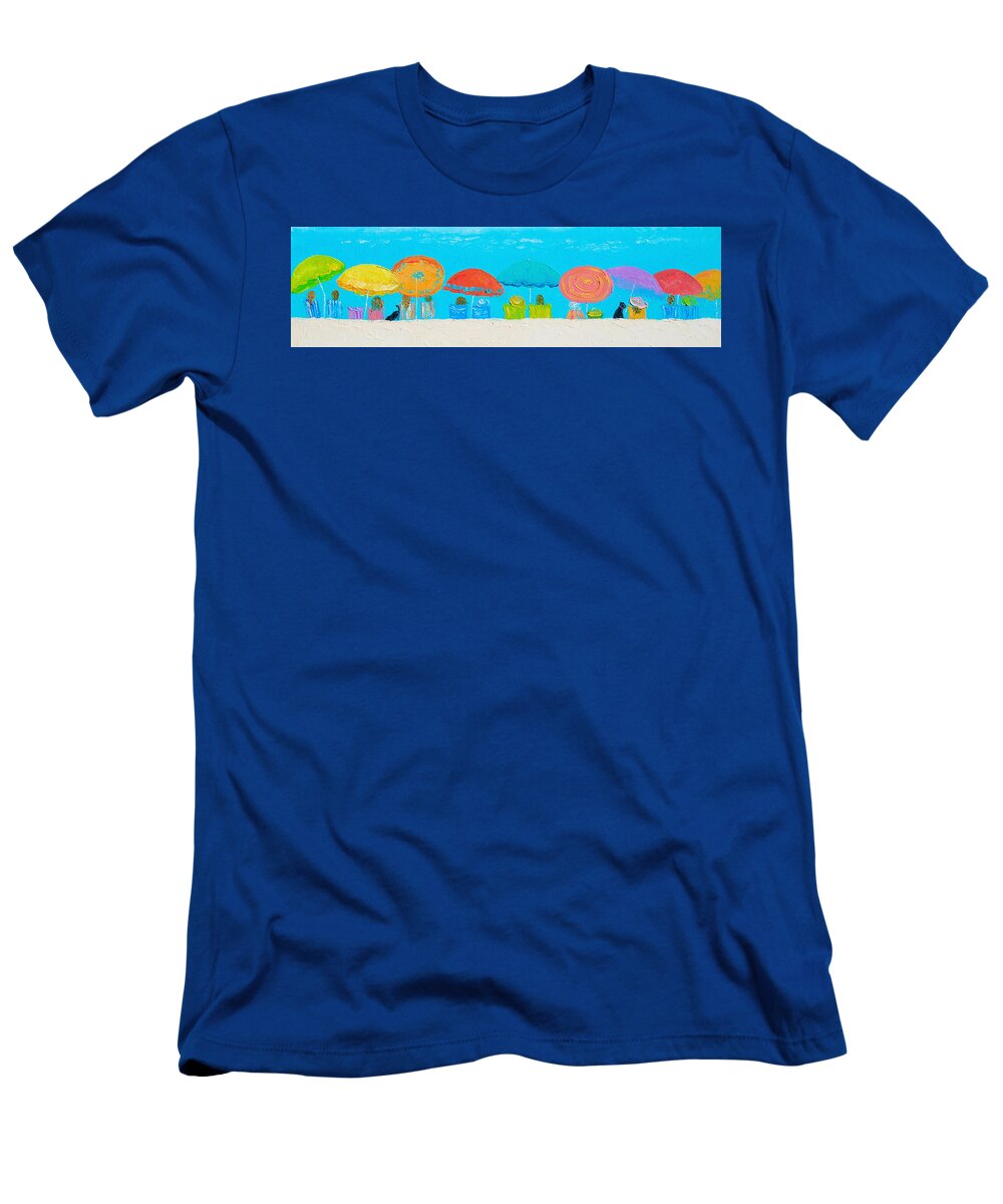 Beach T-Shirt featuring the painting Beach Decor - Umbrellas Panorama by Jan Matson