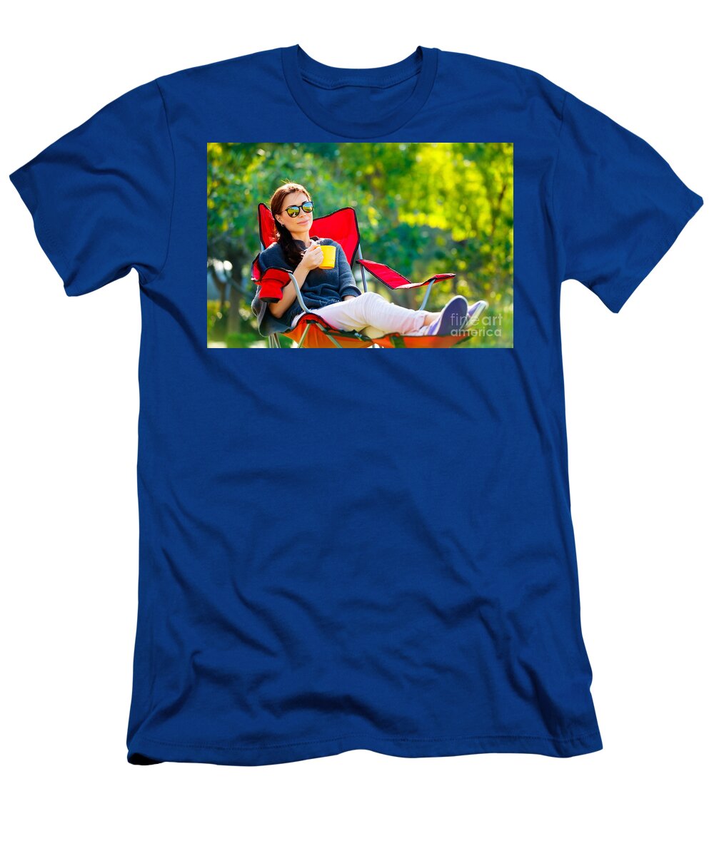 Armchair T-Shirt featuring the photograph Beautiful woman resting outdoors by Anna Om