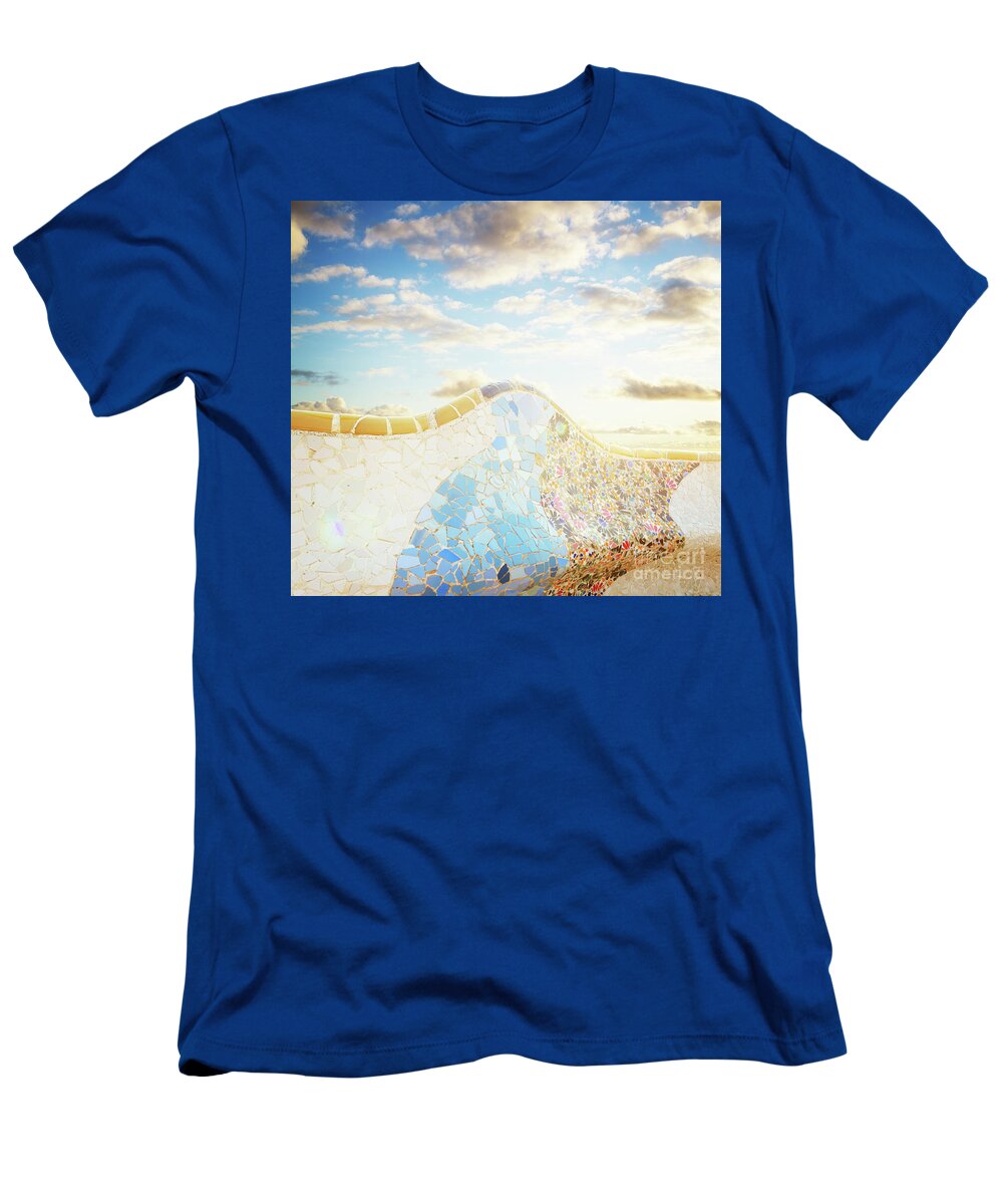 Barcelona T-Shirt featuring the photograph Bench of park Guell in Barcelona by Anastasy Yarmolovich