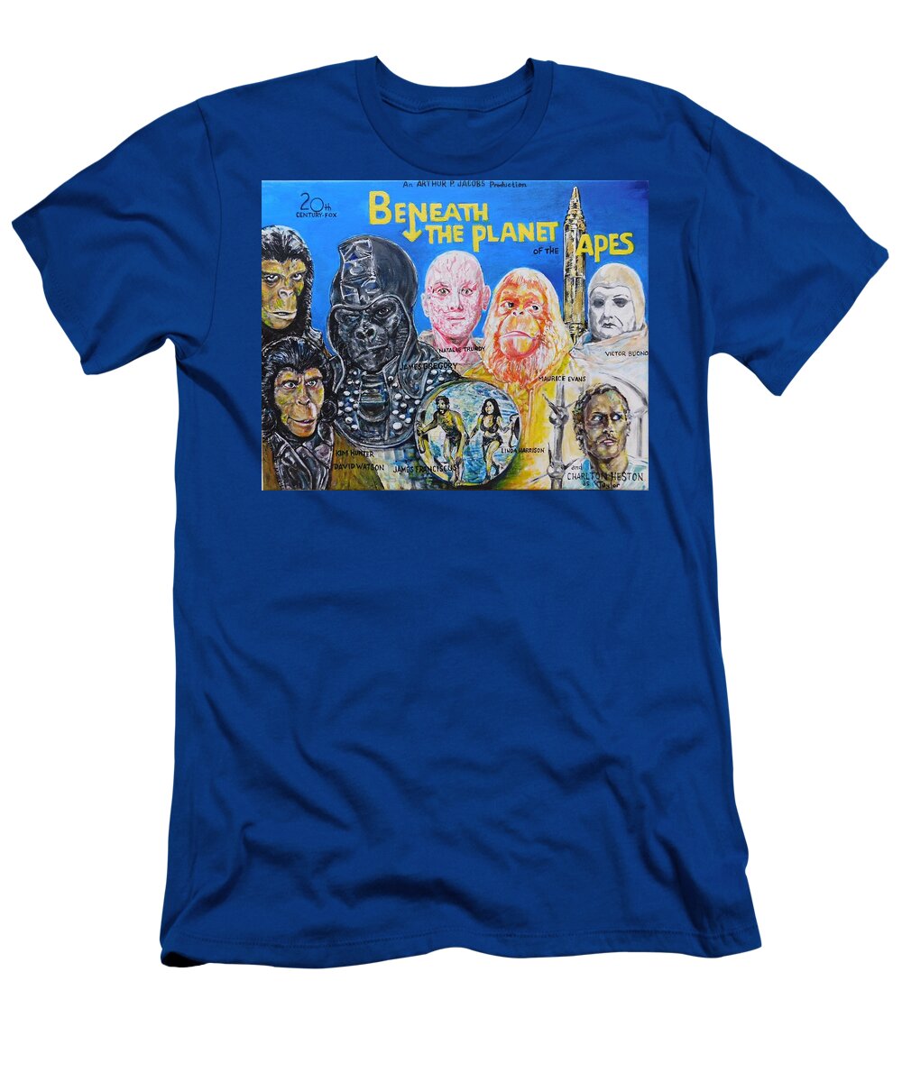 Planet Of The Apes Beneath The Plane To Fthe Apes Arthur P Jacobs Charlton Heston James Gregory Victo Rbuono James Franciscus Kim Hunter Linda Harrison Zira Cornelius Dr.zaius General Ursus Science Fiction 1970 20th Century Fox Hollywood California 1970 T-Shirt featuring the painting Beneath The Planet Of The Apes - 1970 Lobby Card that Never Was by Jonathan Morrill