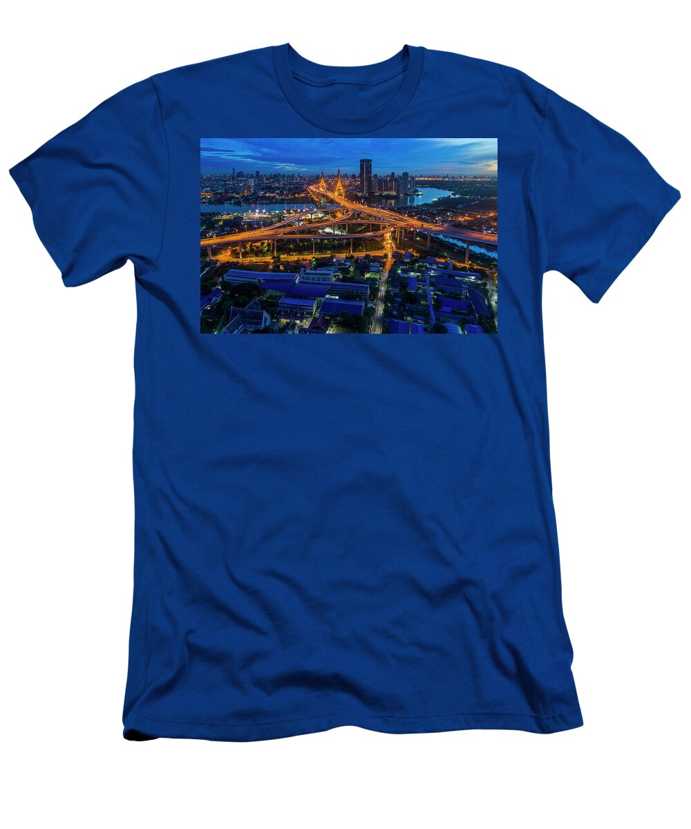 Bangkok T-Shirt featuring the photograph Bhumibol bridge aerial view at sunrise by Pradeep Raja PRINTS