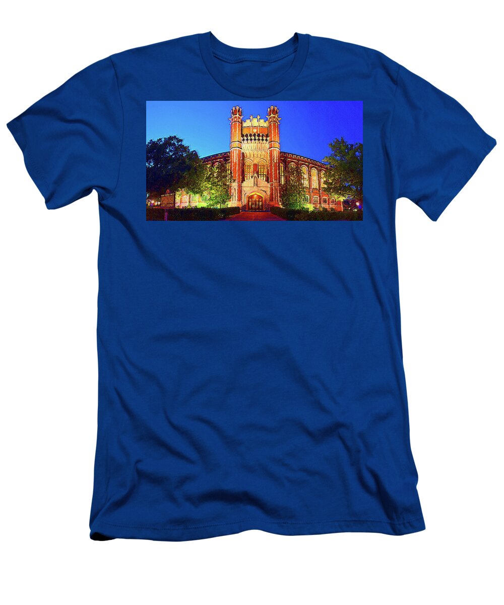 University Of Oklahoma T-Shirt featuring the mixed media Bizzell Lights by DJ Fessenden