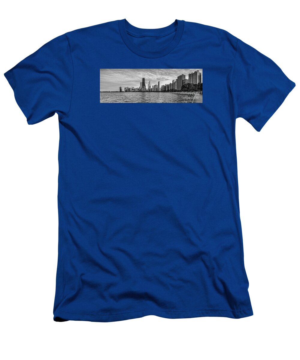 Windy T-Shirt featuring the photograph Black and White Panorama of Chicago from North Avenue Beach Lincoln Park - Chicago Illinois by Silvio Ligutti