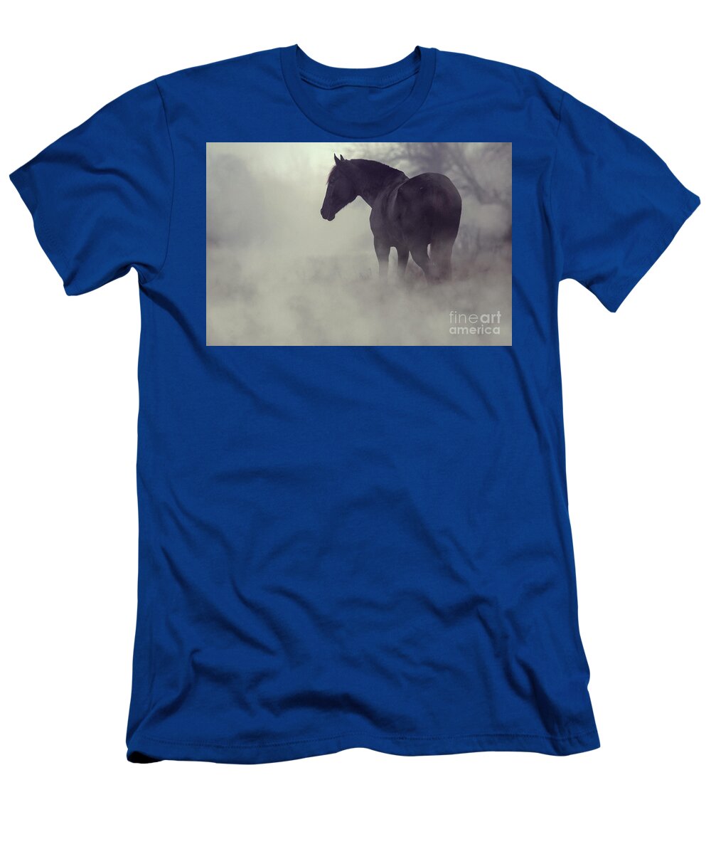 Horse T-Shirt featuring the photograph Black horse in the dark mist by Dimitar Hristov