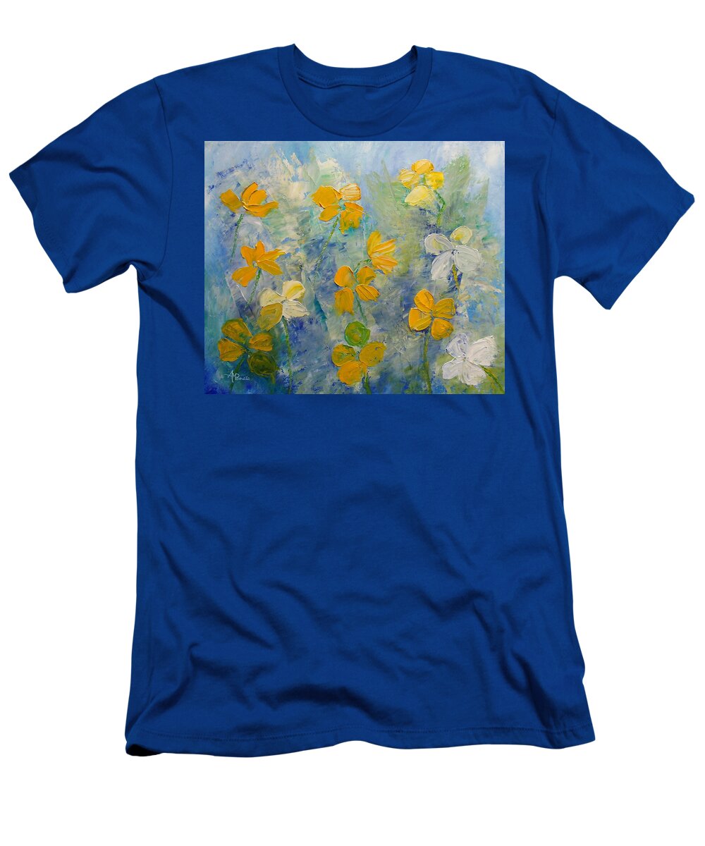 Wildflowers T-Shirt featuring the painting Blossoms In Breeze by Angeles M Pomata