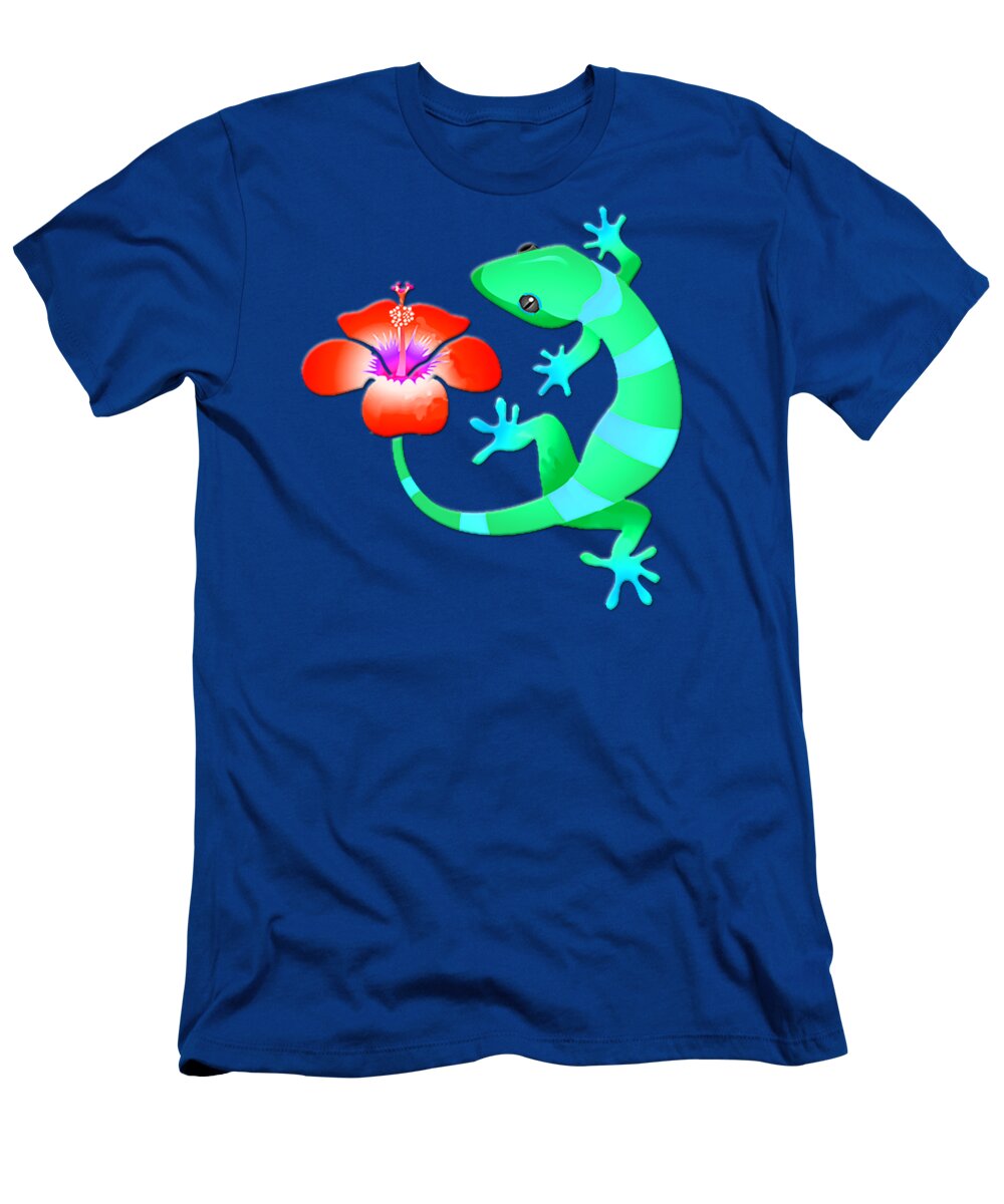 Lizard T-Shirt featuring the painting Blue and Green Jungle Lizard with Orange Hibiscus /BACKGROUND by Elaine Plesser