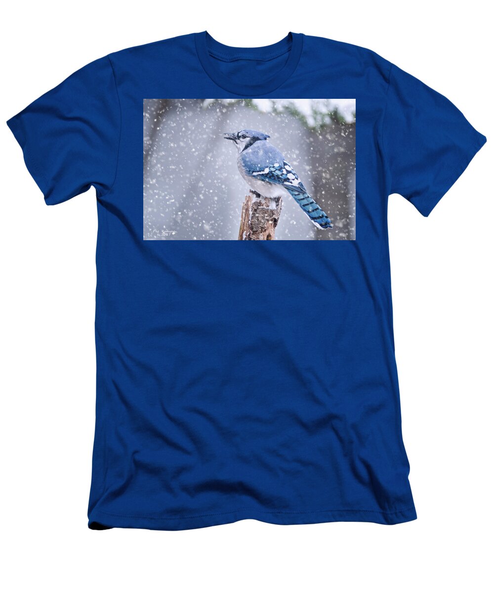 Jay T-Shirt featuring the photograph Blue Jay in Snow Storm by Peg Runyan