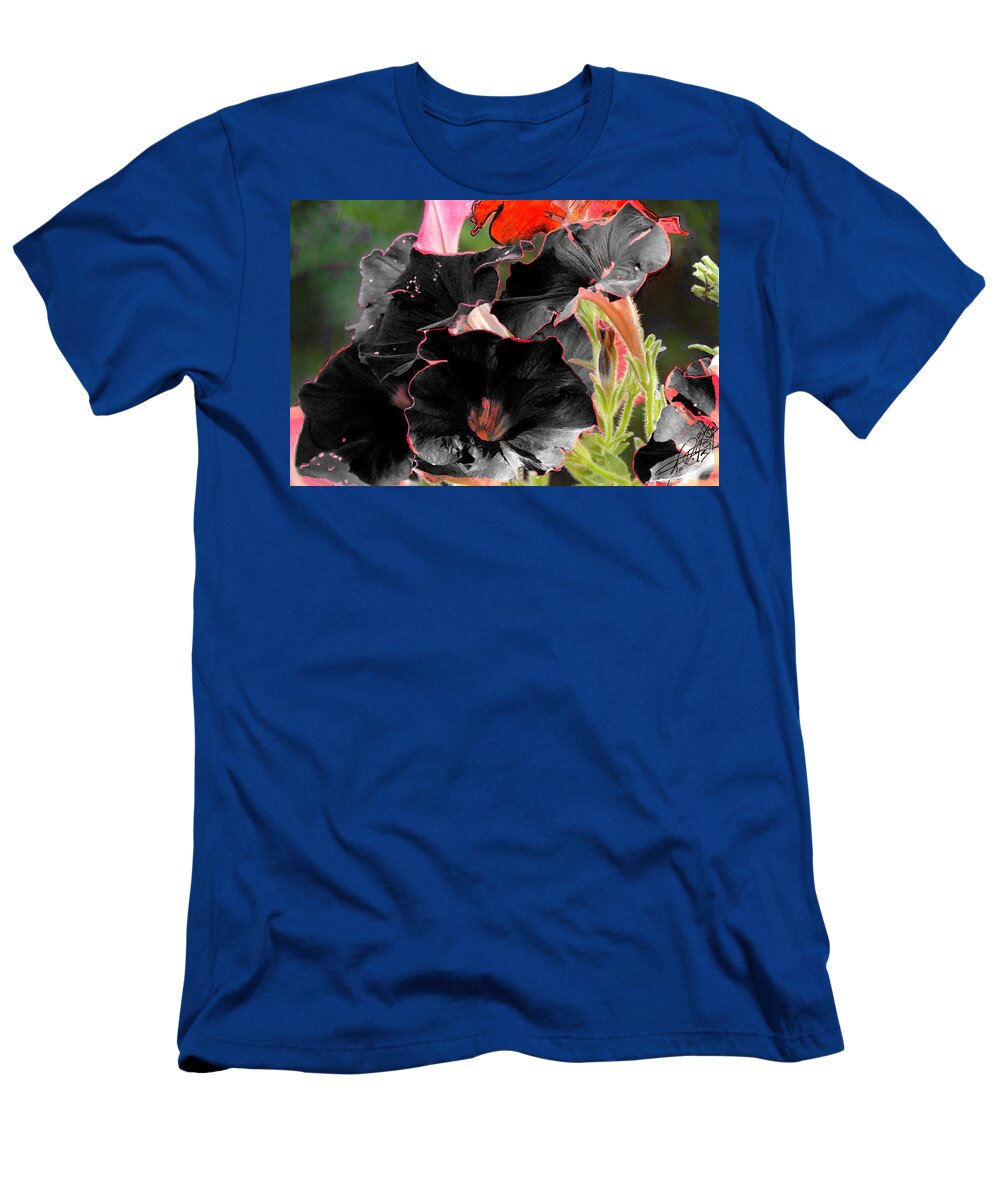 Black;white;green;red;pink;petunia;flower;contrast T-Shirt featuring the digital art Blue by Leon deVose