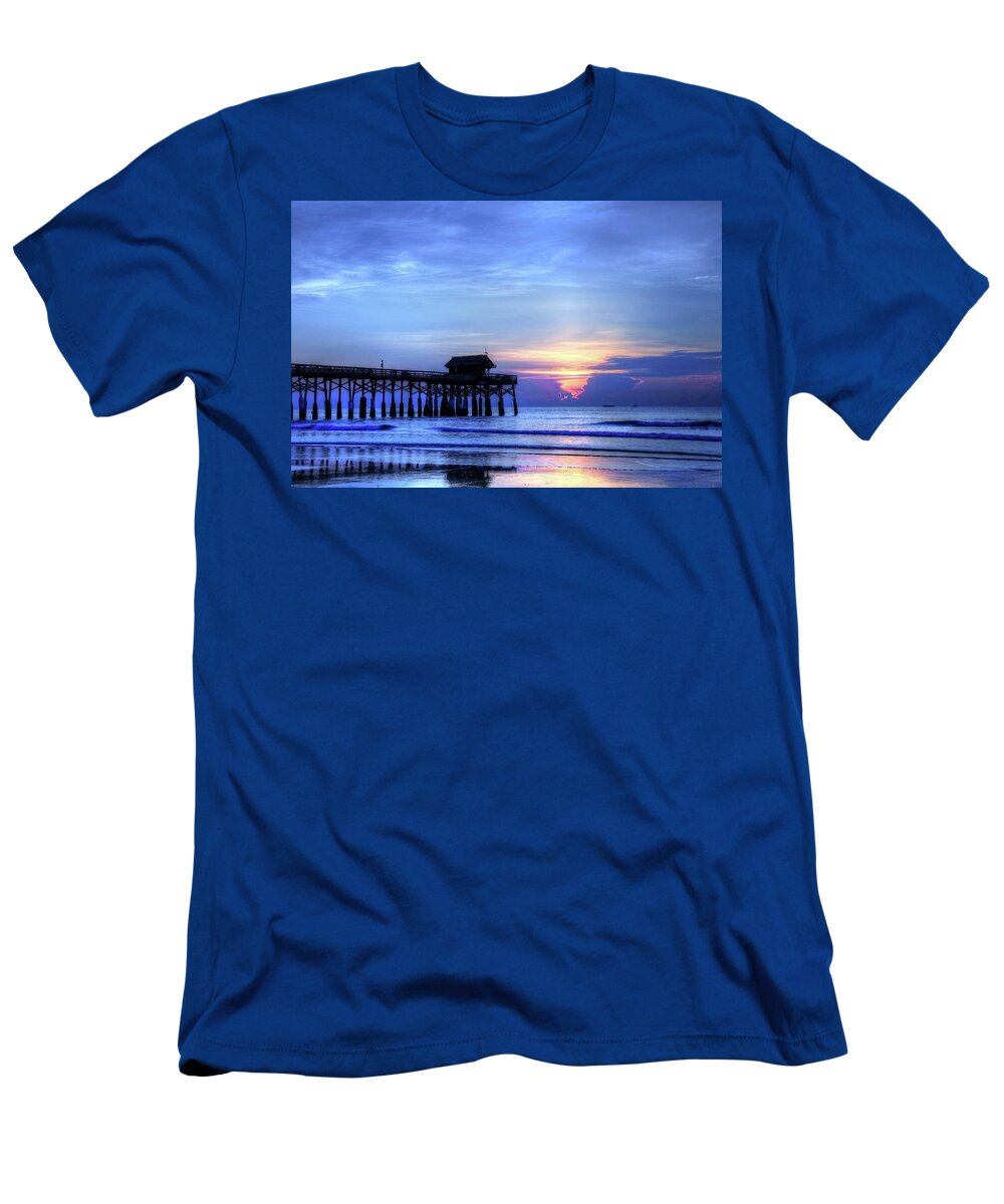 Blue Morning Over Cocoa Beach Pier T-Shirt featuring the photograph Blue Morning Over Cocoa Beach Pier by Carol Montoya