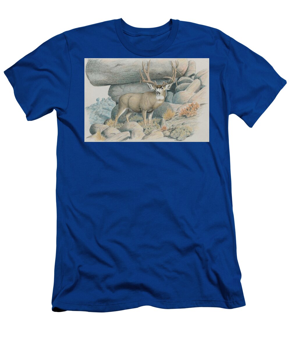 Mule Deer T-Shirt featuring the drawing Boulder Buck by Darcy Tate