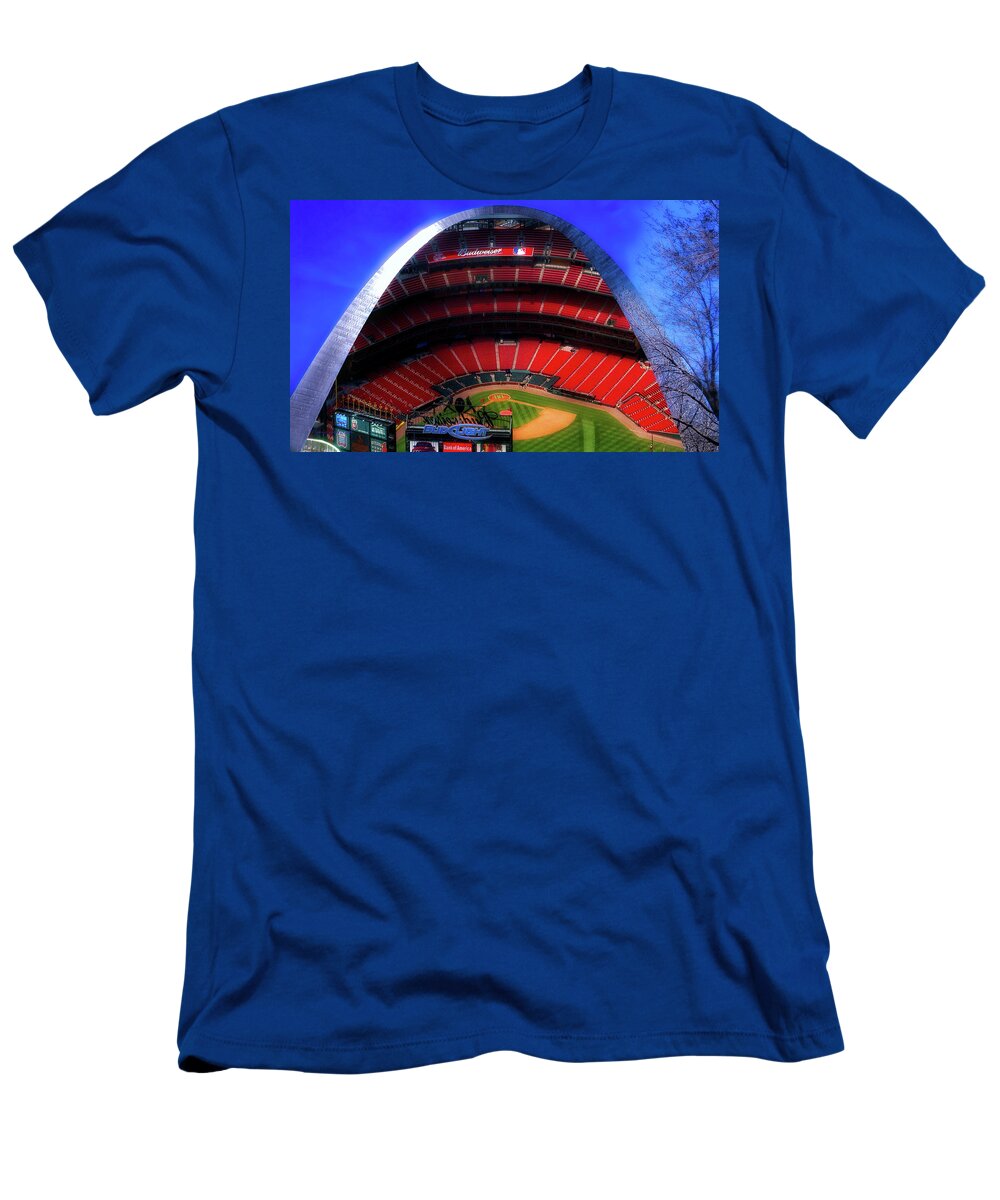 Busch T-Shirt featuring the photograph Busch Stadium A Zoomed View From The Arch Merged Image by Thomas Woolworth