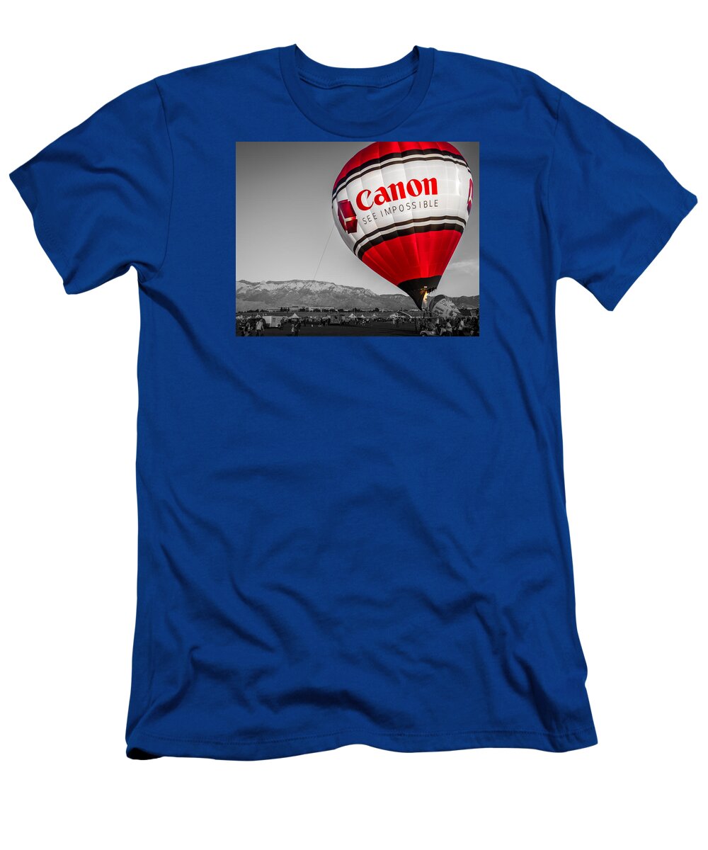 Albuquerque T-Shirt featuring the photograph Canon - See Impossible - Hot Air Balloon - Selective Color by Ron Pate