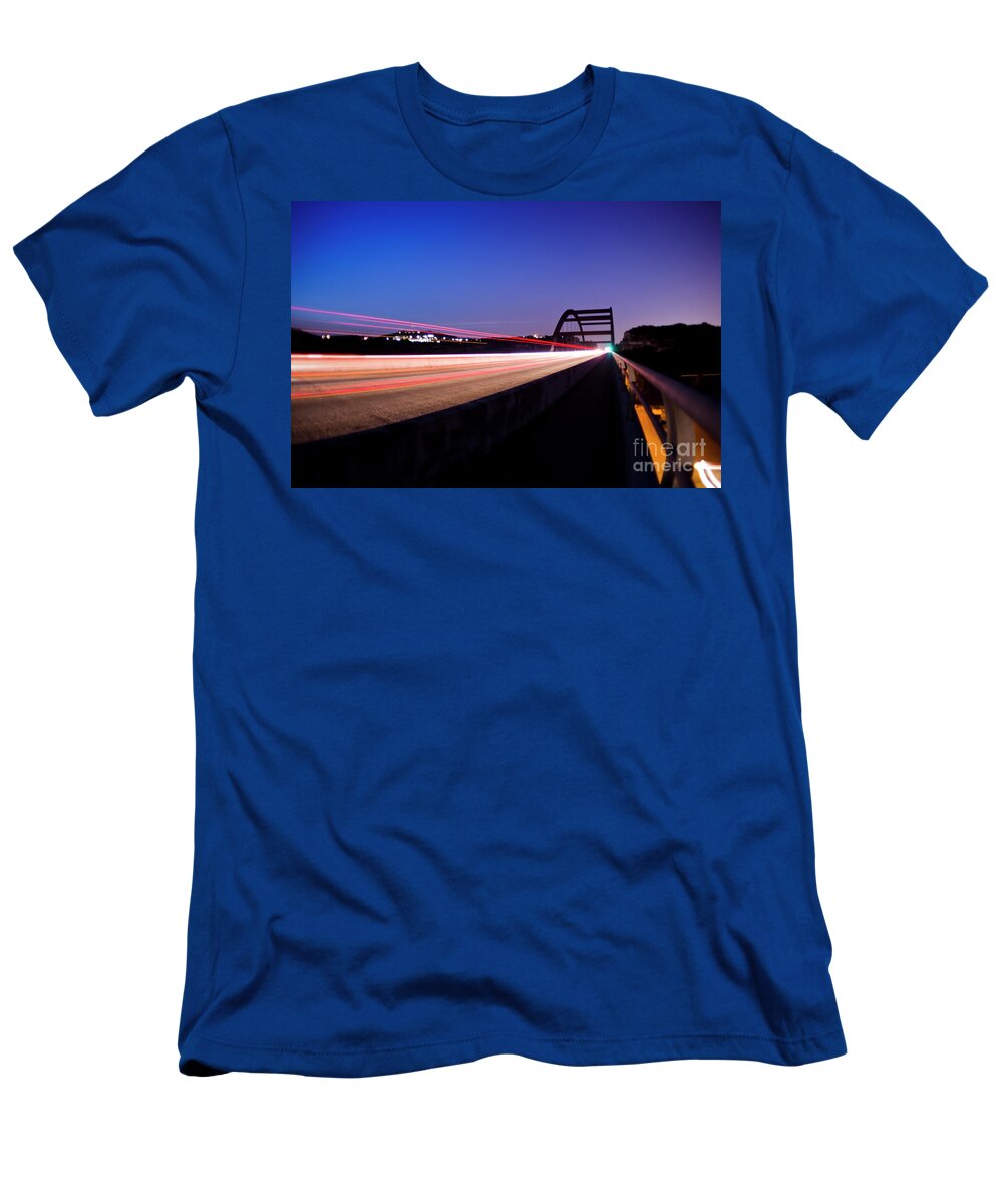 Austin T-Shirt featuring the photograph Cars and trucks jettison through the 360 Bridge as if it were a by Dan Herron