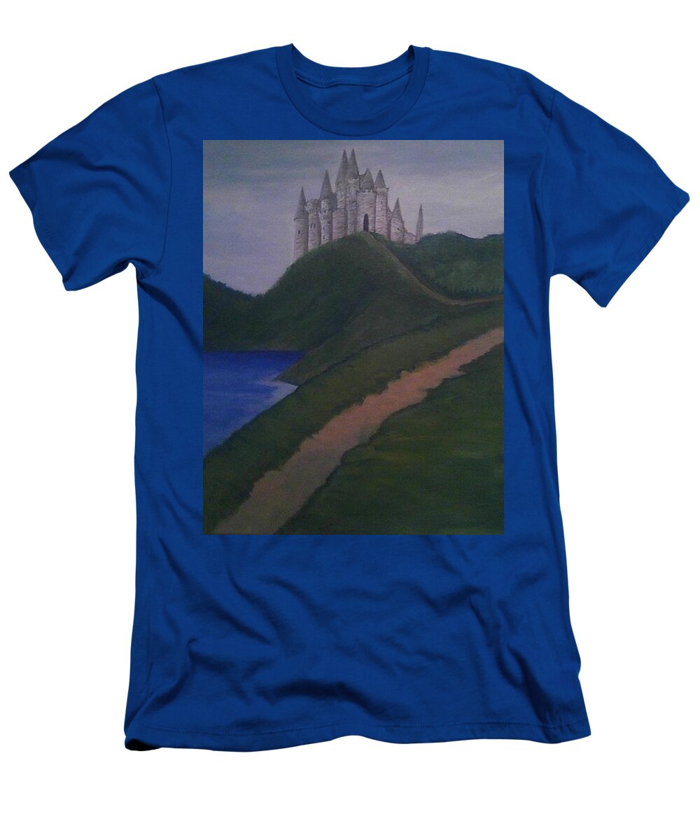 #crylicpaintingsforsale #acrylicpaintings #artforsale #originalartforsale #acrylicart #castlepaintings #fineartamerica.com @sugarplumtheband T-Shirt featuring the painting Castle on the Hill by Cynthia Silverman