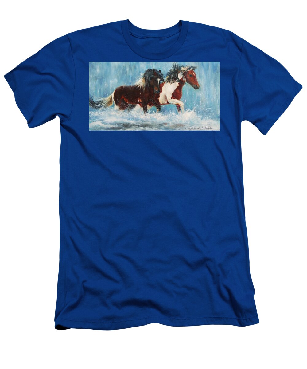Wild Horses Caught In The Rain T-Shirt featuring the painting Caught In The Rain close up by Karen Kennedy Chatham
