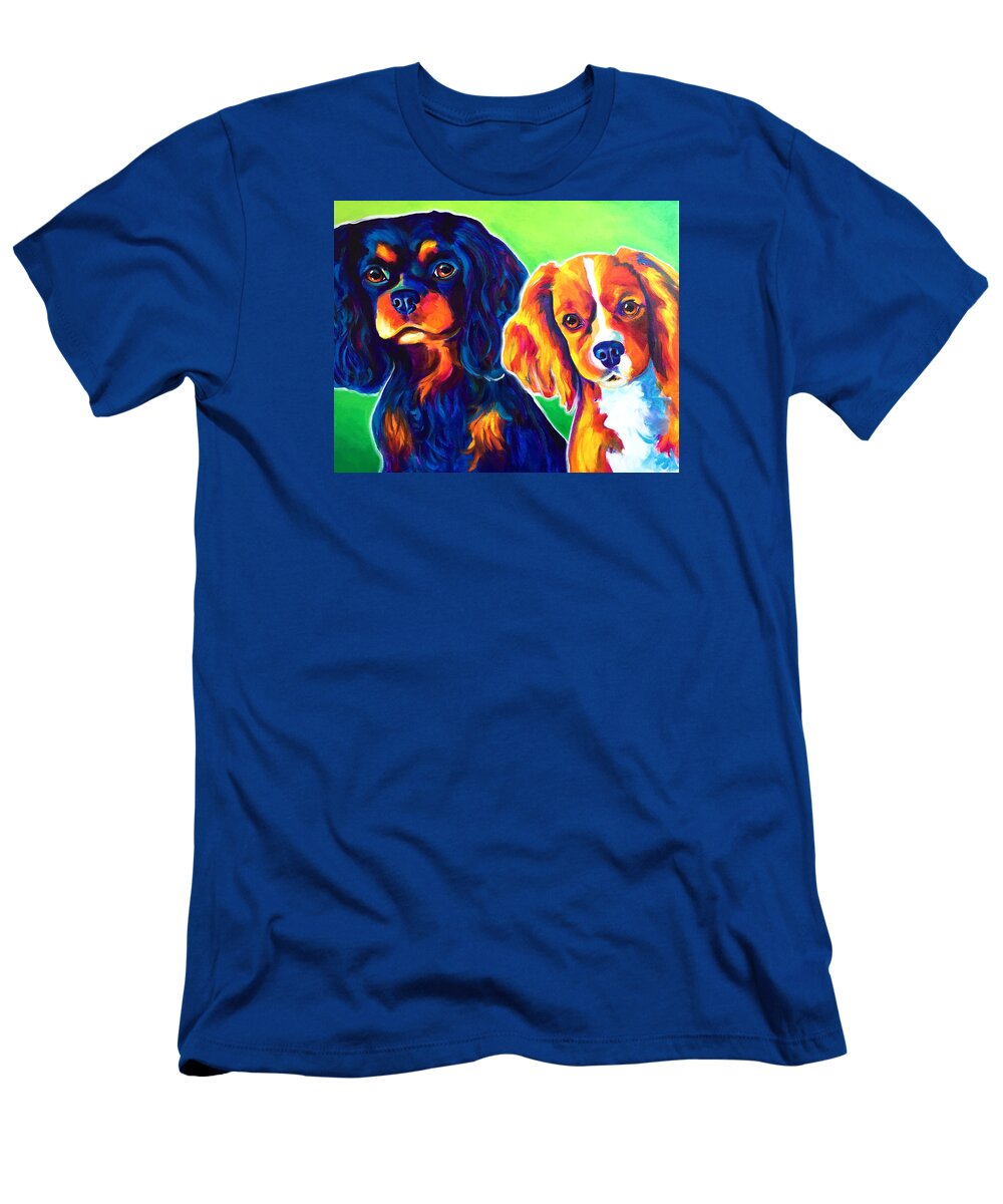 Cavalier King Charles Spaniel T-Shirt featuring the painting Cavelier King Charles Spaniels - Saffy and Duck by Dawg Painter