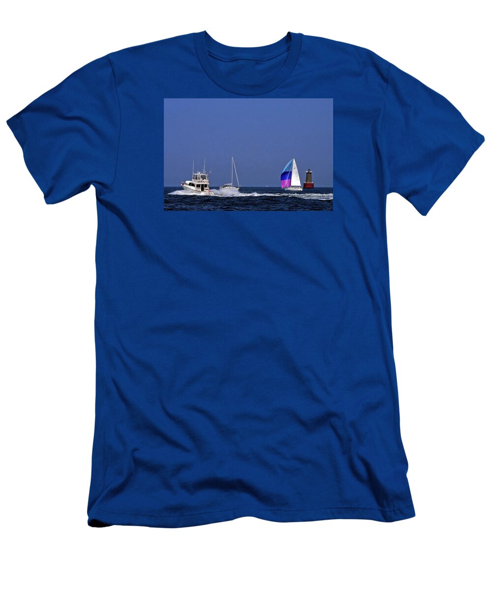 Motoryacht Speeding Past Sailboats T-Shirt featuring the photograph Chesapeake Bay Action by Sally Weigand
