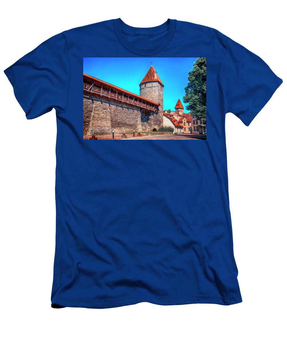 City Wall; Wall; Tallinn; Estonia; Medieval; Tower; Middle Ages; Europe; Baltic States; Baltic Sea; Baltic T-Shirt featuring the photograph City Wall by Mick Burkey