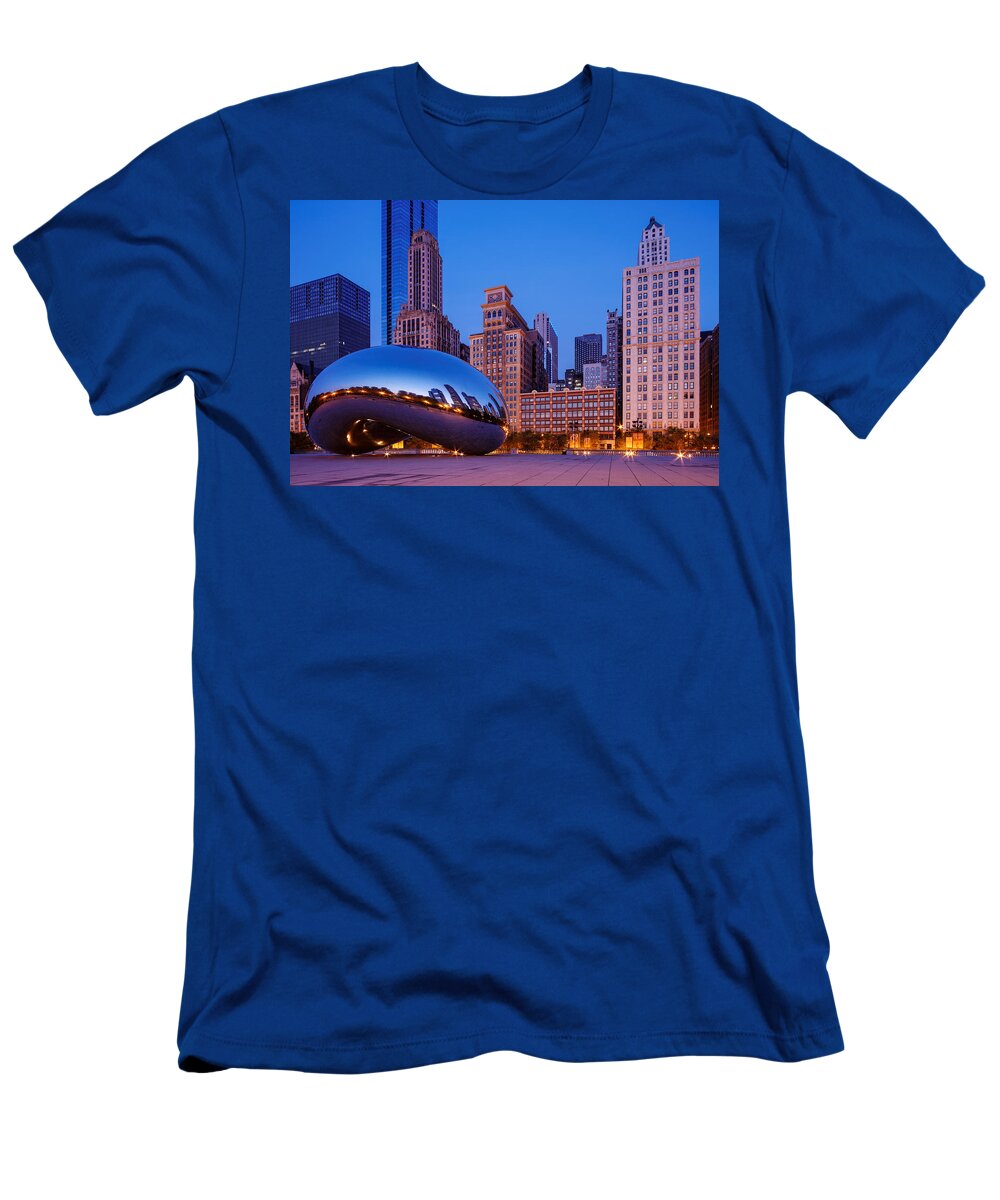 City T-Shirt featuring the photograph Cloud Gate -The Bean- In Millenium Park at Twilight Blue Hour - Chicago Illinois by Silvio Ligutti
