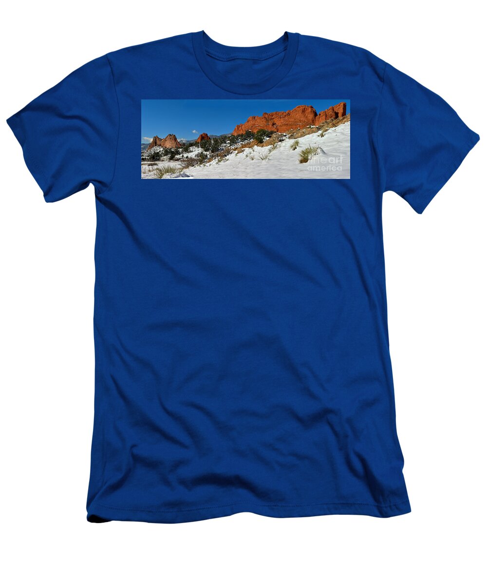 Garden Of The Cogs T-Shirt featuring the photograph Colorado Winter Red Rock Garden by Adam Jewell