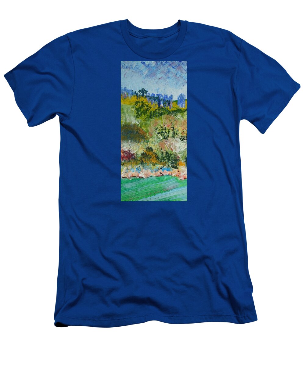 Darmouth T-Shirt featuring the painting Colorful Forest on Cliffs near the Sea in Dartmouth Devon by Mike Jory