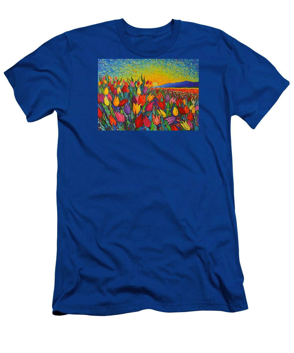 Tulip T-Shirt featuring the painting Colorful Tulips Field Sunrise - Abstract Impressionist Palette Knife Painting By Ana Maria Edulescu by Ana Maria Edulescu