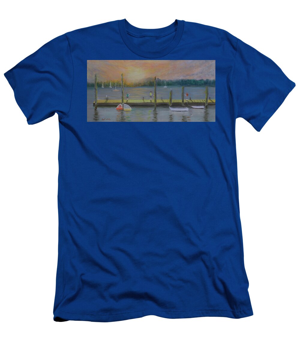 Sunrise Fishing Dock Landscape Sailboats Rowboats People Reflections T-Shirt featuring the painting Contented Soles by Scott W White