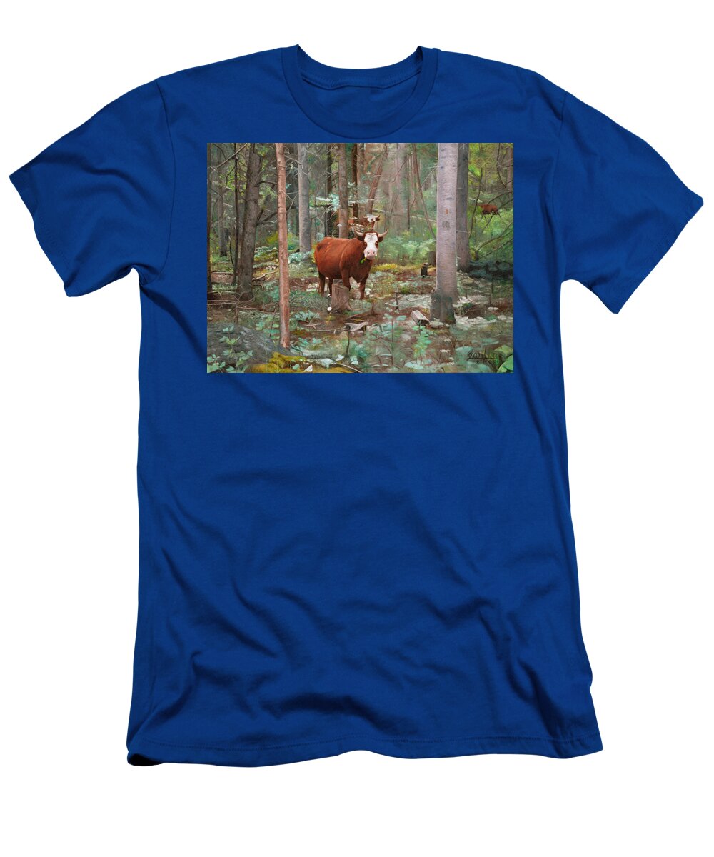 Landscape T-Shirt featuring the painting Cows in the Woods by Joshua Martin