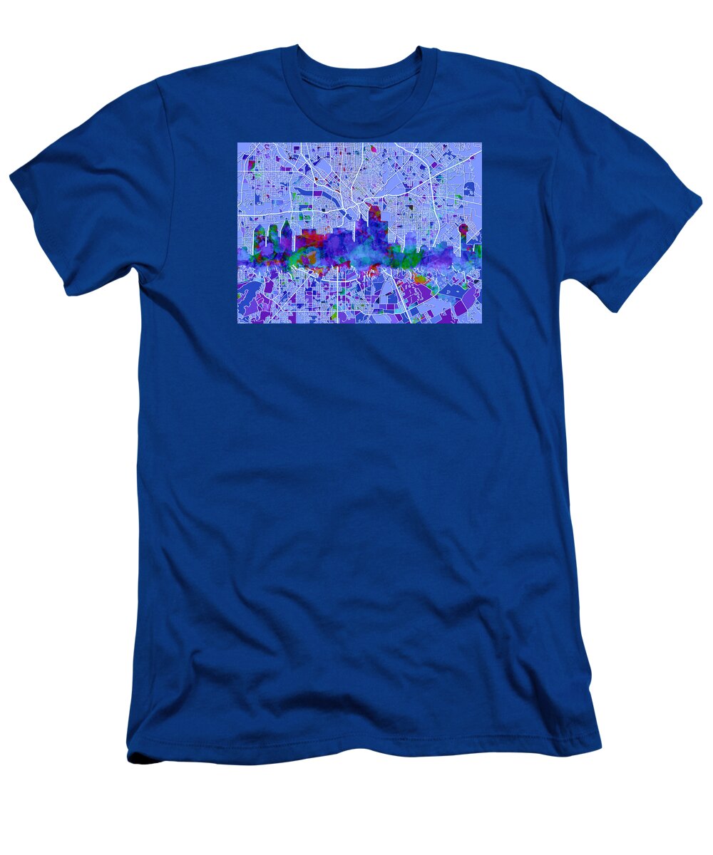 Dallas T-Shirt featuring the painting Dallas Skyline Map Blue by Bekim M