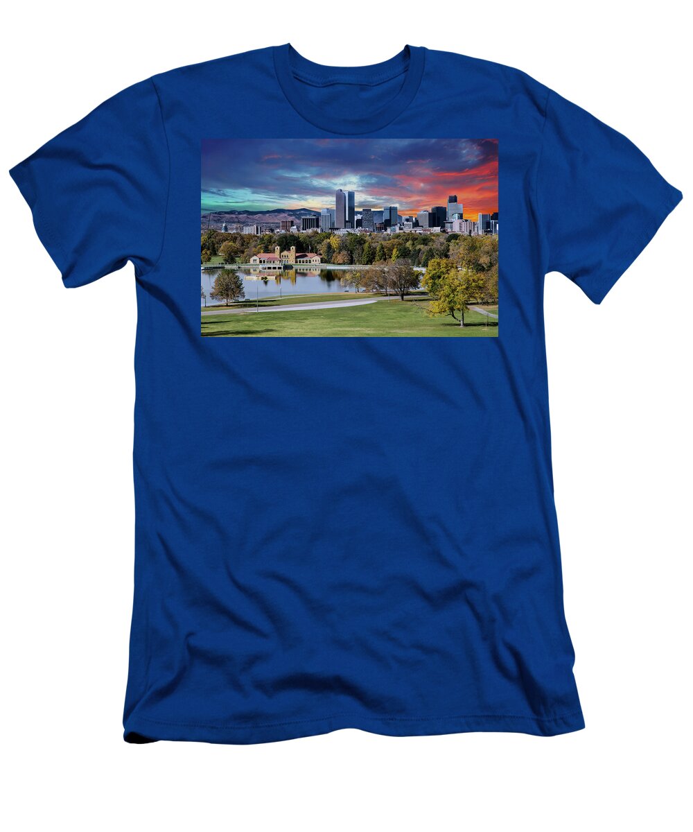 Denver T-Shirt featuring the photograph Denver Skyline and Mountains Beyond Lake by Darryl Brooks