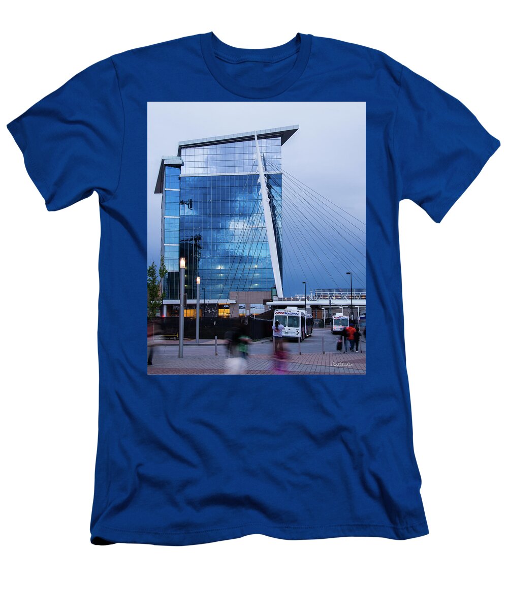 Bus Stop T-Shirt featuring the photograph Denver Union Station and Milennium Bridge by Tim Kathka