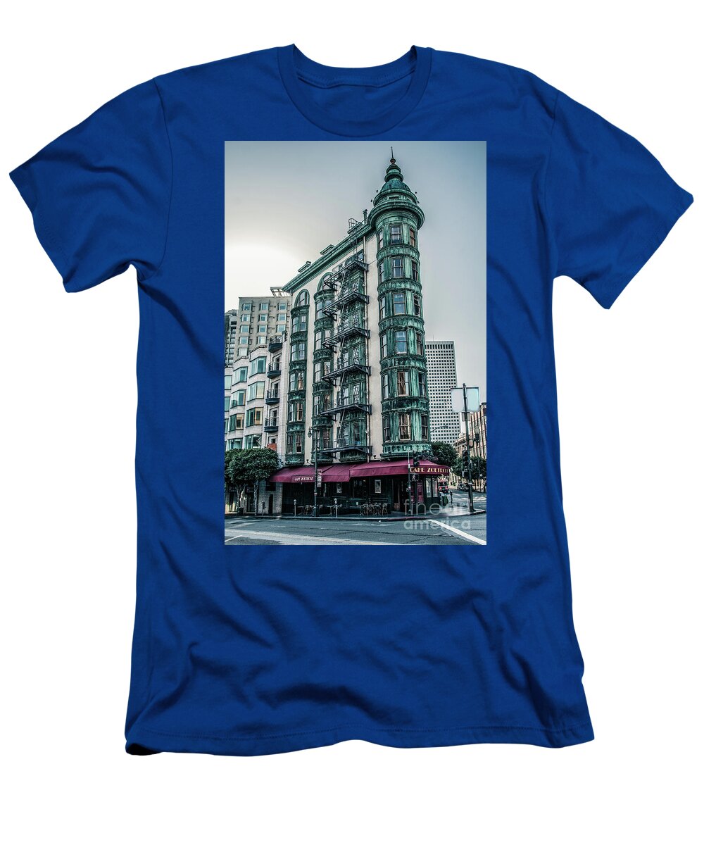 Buildings T-Shirt featuring the photograph Dez 2016. San Francisco, USA - Old copper-green Columbus tower o by Amanda Mohler