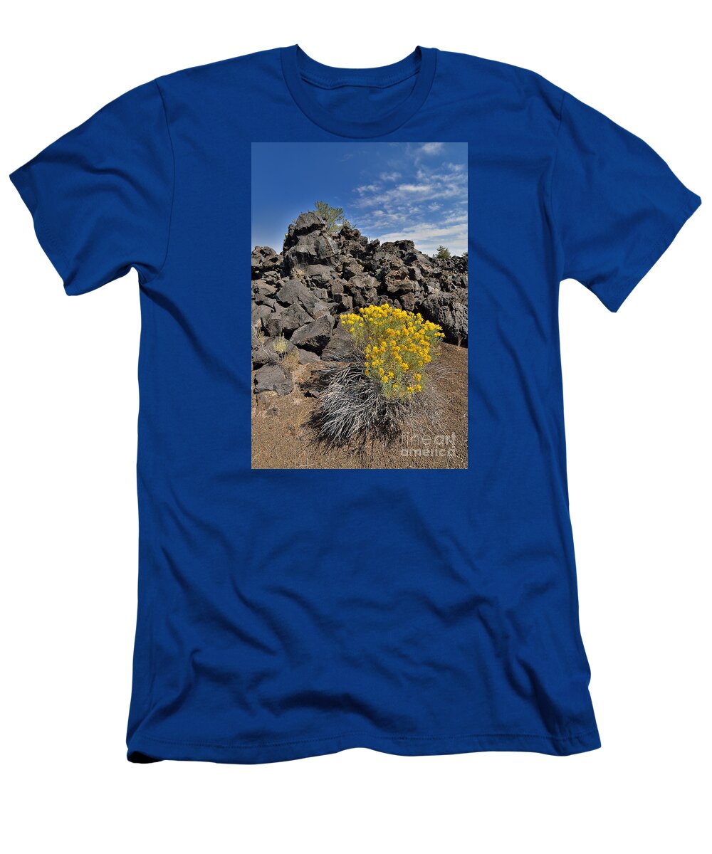 Flower Rock Stone Rocks Stones Lava Volcanic Yellow Plant Nature Craters Moon National Monument T-Shirt featuring the photograph Dichotomy 2976 by Ken DePue