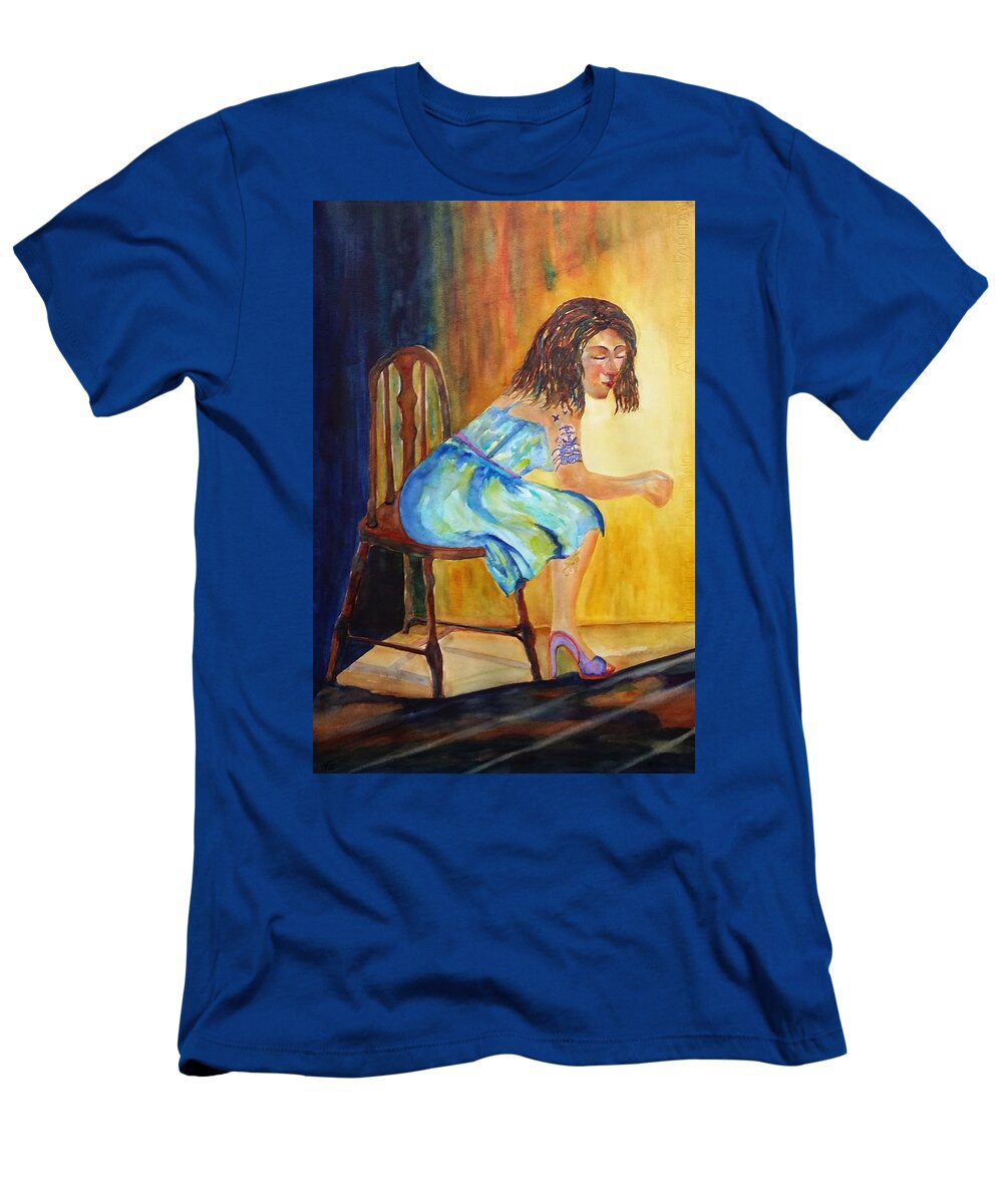 Girl With Tatoo T-Shirt featuring the painting Docked by Kim Shuckhart Gunns