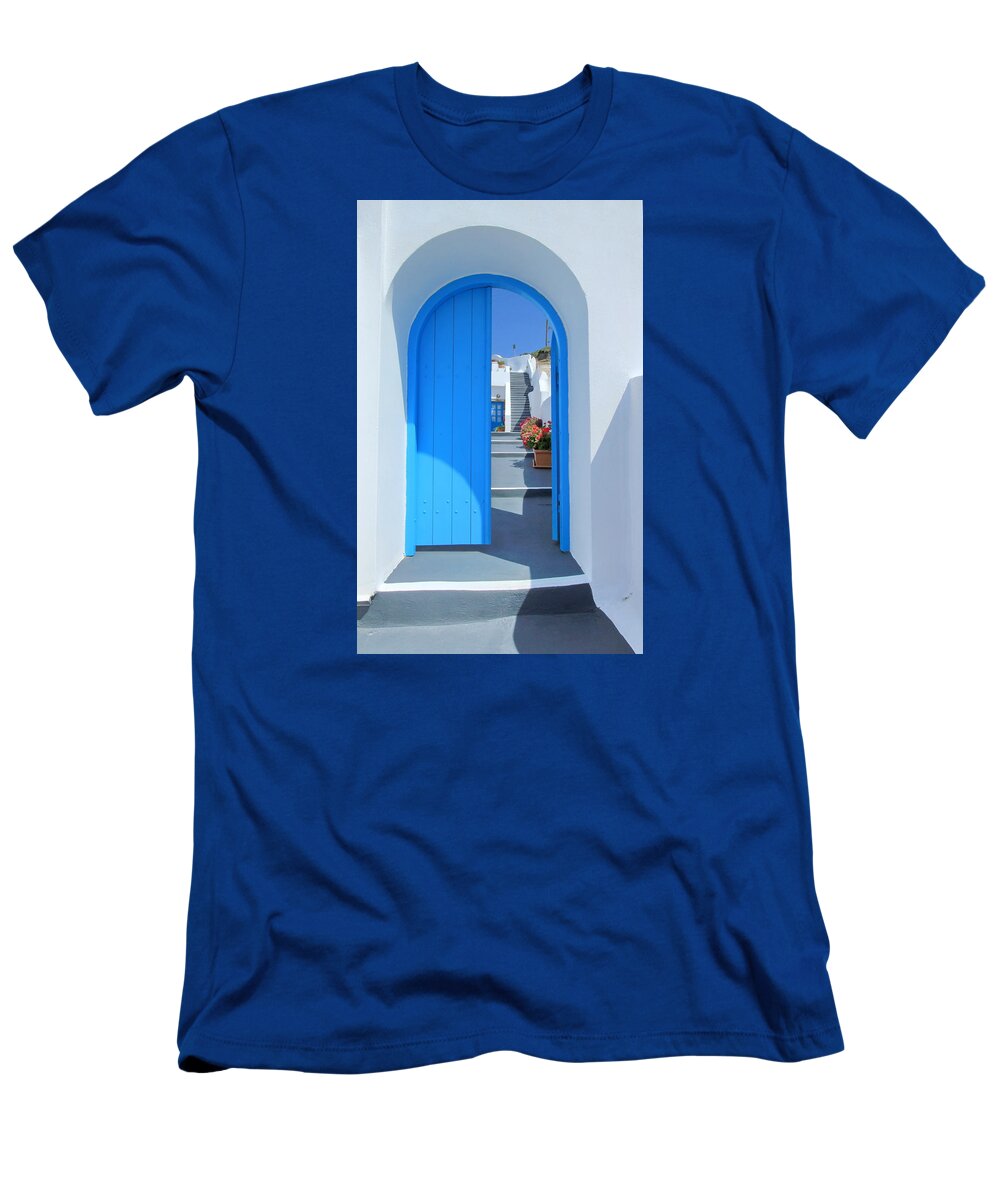 Architecture T-Shirt featuring the photograph Door and stairs, Santorini, Greece by Elenarts - Elena Duvernay photo