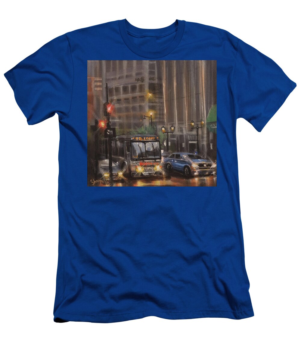 Milwaukee T-Shirt featuring the painting Downtown Bus by Tom Shropshire