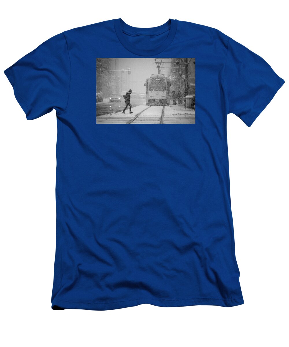 Train T-Shirt featuring the photograph Downtown Snow Storm by Stephen Holst