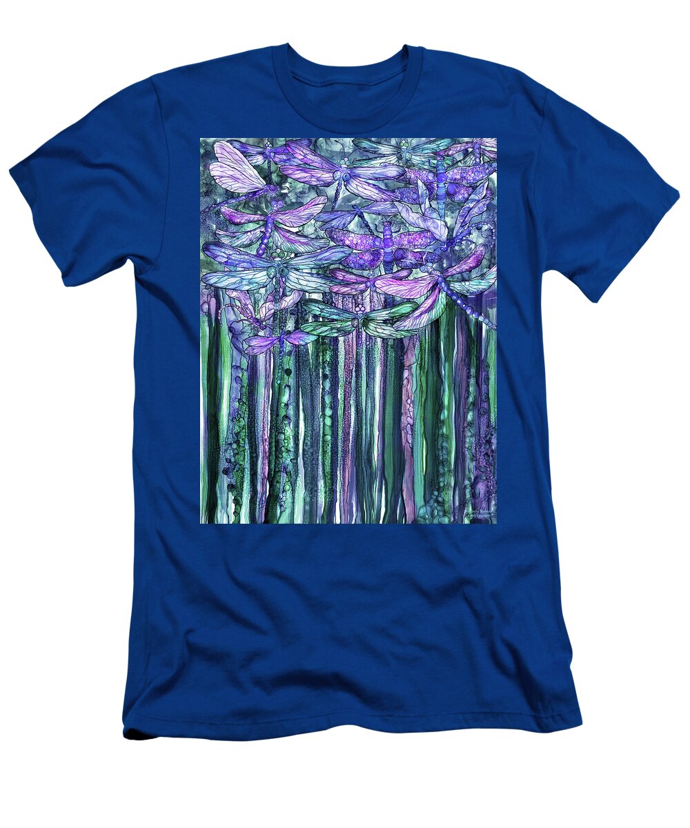 Carol Cavalaris T-Shirt featuring the mixed media Dragonfly Bloomies 1 - Lavender Teal by Carol Cavalaris