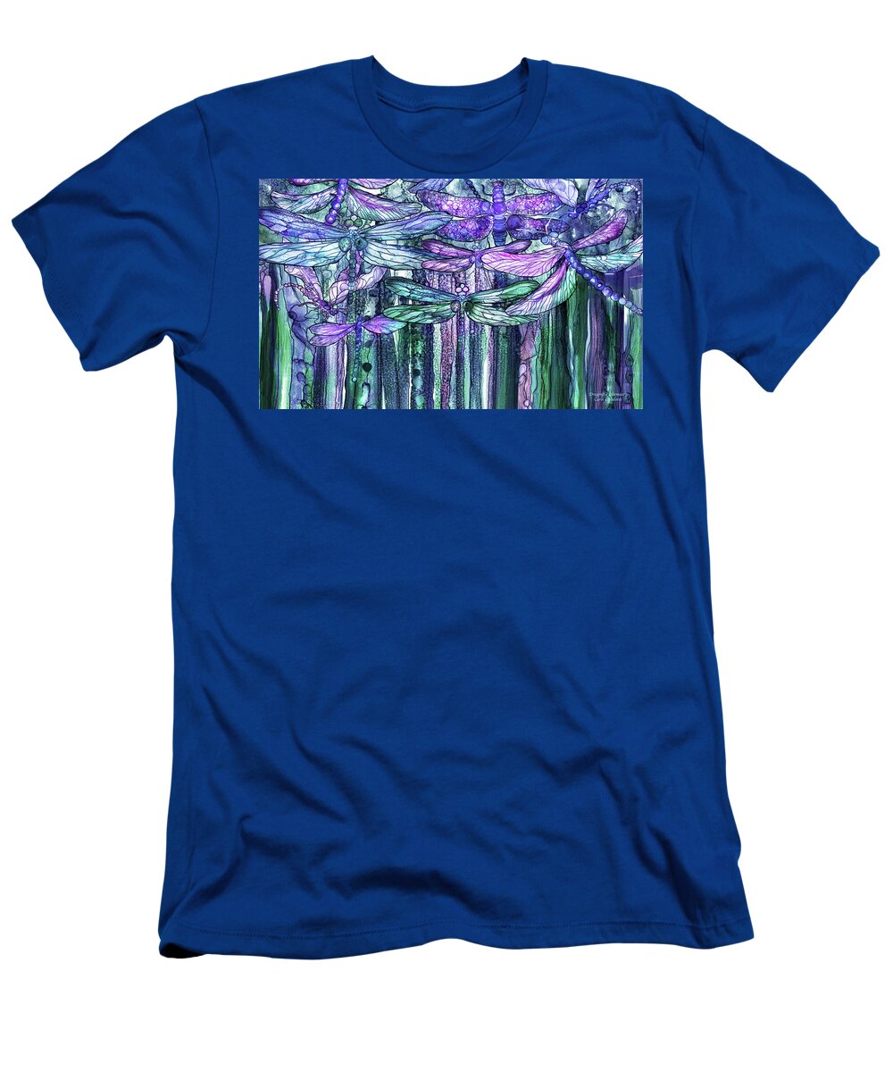 Carol Cavalaris T-Shirt featuring the mixed media Dragonfly Bloomies 3 - Lavender Teal by Carol Cavalaris