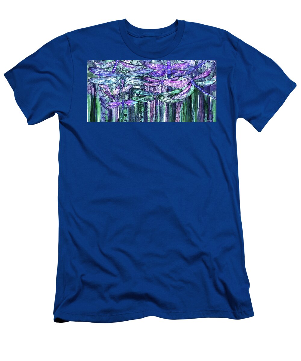 Carol Cavalaris T-Shirt featuring the mixed media Dragonfly Bloomies 4 - Lavender Teal by Carol Cavalaris