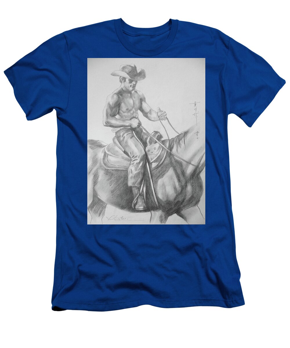 Male Nude T-Shirt featuring the drawing Drawing Pencil Cowboy On Horse #17119 by Hongtao Huang