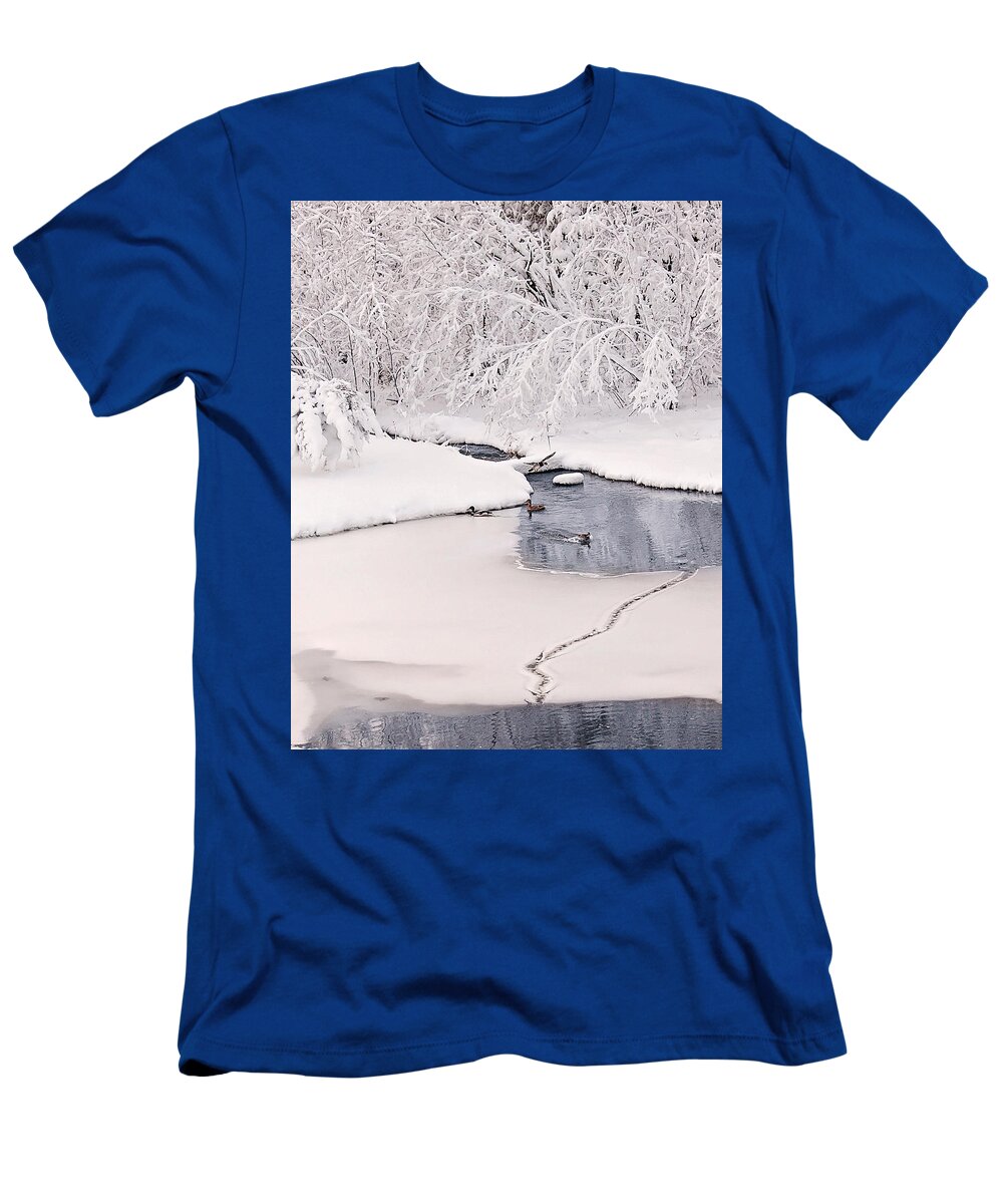 Ducks In The Winter Print T-Shirt featuring the photograph Ducks Winter Play land Print by Gwen Gibson