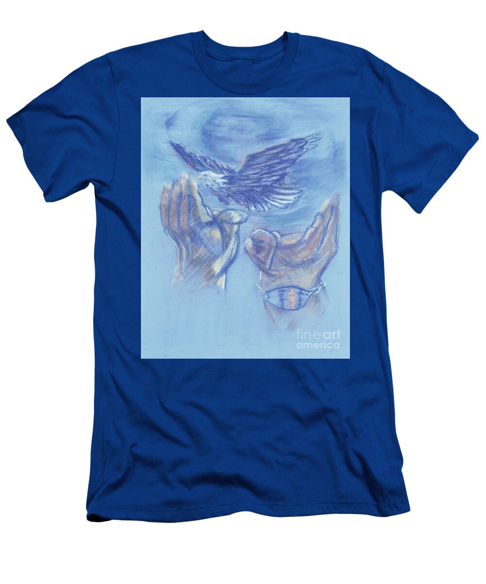 Eagle Hovers Over Ruins T-Shirt featuring the painting Eagle Flying in Freedom - BGEFF by Fr Bob Gilroy SJ