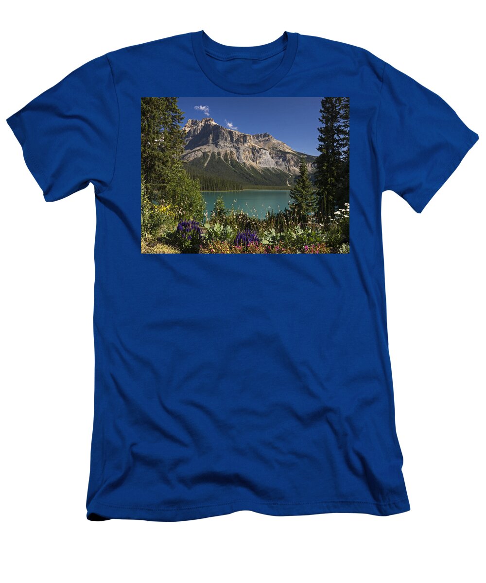 Travel Photography T-Shirt featuring the photograph Emerald Lake Flowers by Inge Riis McDonald